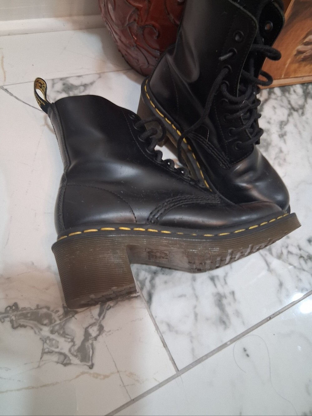 Dr. Martens Black Leather Boots with Yellow Welt Stitching